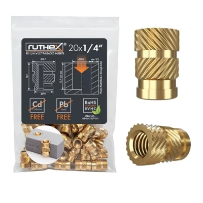 Abbildung von ruthex 1/4&quot; Zoll Gewindeeinsatz 20 Stück RX 1/4“ 20x12.7 Gewindebuchsen aus Messing stabile Einpressmutter durch Wärme in 3D Druck Teile Kunststoff einsetzbar (Kameragewinde)