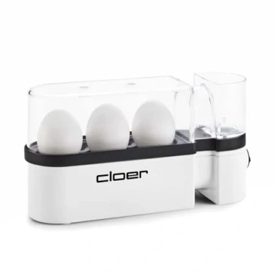 Abbildung von Cloer 6021 Eierkocher, bis zu 3 Eier, herausnehmbarer Eierträger, Servierfunktion, 300 Watt, Kunststoff, Weiß