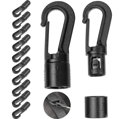 Abbildung von Kunststoff Karabinerhaken, 12 Stück, in Schwarz, für Ø 4 5 mm Dicke Bänder, DIY Plastikhaken Gummiseil, Leine, Schnurband, Kordel Haken mit Stecksystem, Planenseil Spanner Gummileine Seilhaken