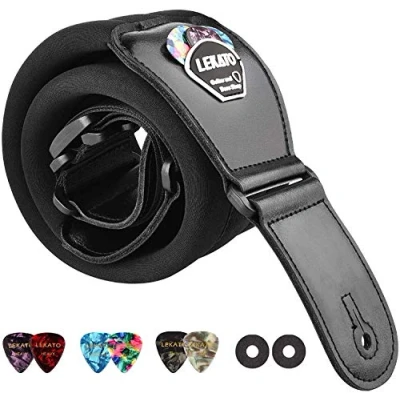 Abbildung von LEKATO Gitarrengurt mit Memory Foam, gepolsterter verstellbarer für akustische und elektrische Bassgitarren (Schwarz kurz)