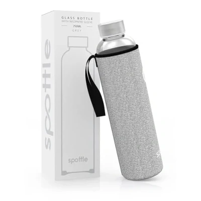 Abbildung von spottle® Glasflasche Trinkflasche aus Glas mit Neoprenhülle in 550 &amp; 750 ml spülmaschinenfest und auslaufsicher ideal für unterwegs, Saft, Sport Yoga 100% BPA frei Grau