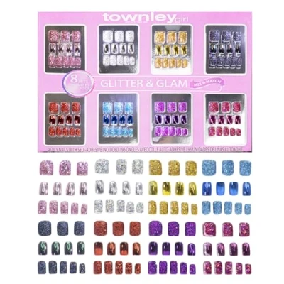 Abbildung von Townley Girl 96 teiliges Glitzer Glamup und Metallic Aufdrücknägel Set für Kinder, mit vorgeklebten Acrylnägeln, ideal Geschenke, Partys, Übernachtungen Umarbeitungen
