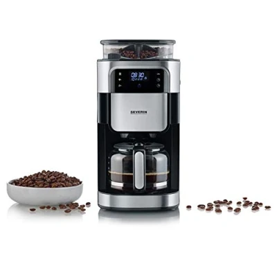Abbildung von SEVERIN Kaffeemaschine mit Mahlwerk, Kaffeeautomat Glaskanne und Timer Funktion, auch als Filterkaffeemaschine, für bis zu 10 Tassen Kaffee, 1000 Watt, schwarz/ Edelstahl, KA 4813