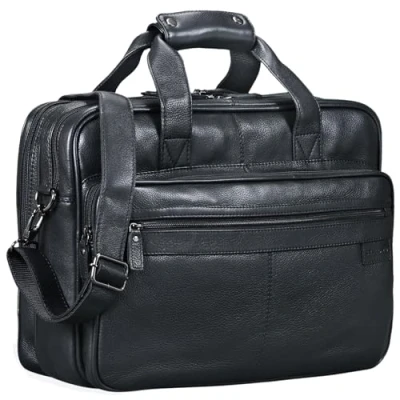 Abbildung von STILORD &#039;Atlantis&#039; Leder Aktentasche groß Vintage Lehrertasche Arbeitstasche große Ledertasche Businesstasche zum Umhängen Trolley aufsteckbar, Farbe:schwarz