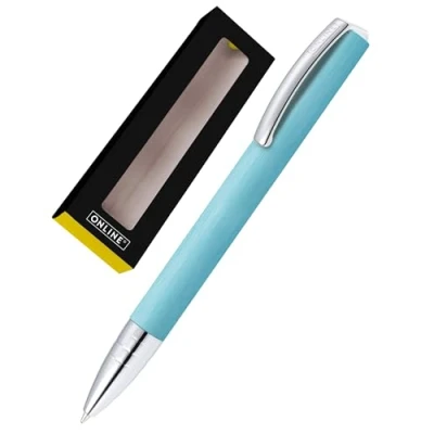 Abbildung von ONLINE Kugelschreiber Vision Turquoise I Drehkugelschreiber mit Standard Großraummine in Strichstärke M, Schreibfarbe Schwarz Kulli Türkis gebürsteter Oberfläche Geschenkbox
