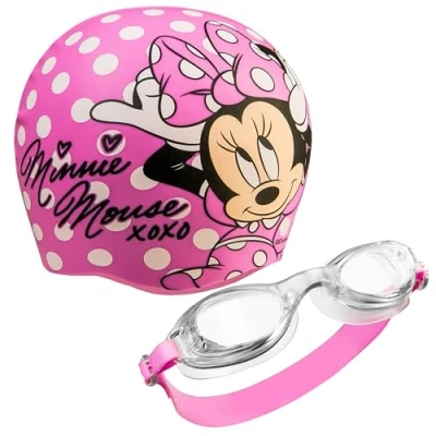 Abbildung von Disney Badekappe &amp; Schwimmbrille Kinder Set, UV Schutz, Anti Beschlag Stitch Sachen für (Rosa Minnie, 3 6 Jahre)