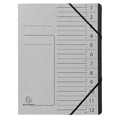 Abbildung von Exacompta 541211E Premium Ordnungsmappe geheftet. Aus extra starkem Colorspan Karton DIN A4 12 schwarze Fächer und 2 Gummizüge mit Organisationsdruck Ringmappe Register Mappe grau