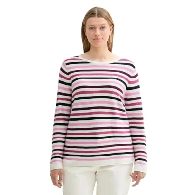 Abbildung von TOM TAILOR Damen Plussize Strickpullover aus Bio Baumwolle, 36210 Berry Knit Stripe Design, 52