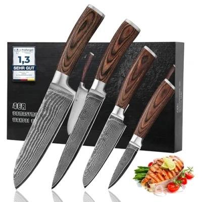 Abbildung von Wakoli Edib 4er Damastmesser Set, scharfe 8 bis 18 cm Klingen, Premium Küchenmesserset aus 67 Lagen Damaststahl mit Griffen Pakkaholz, Damast und Profi Kochmesser