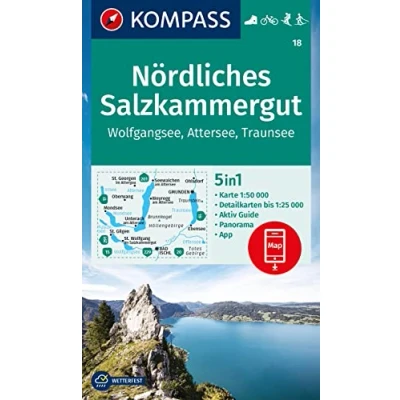 Abbildung von KOMPASS Wanderkarte 18 Nördliches Salzkammergut, Wolfgangsee, Attersee, Traunsee 1:50.000: 5in1 mit Panorama, Aktiv Guide und Detailkarten ... Fahrradfahren. Langlaufen. Skitouren.