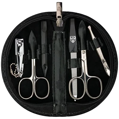 Abbildung von DREI SCHWERTER Germany Maniküreset Nagel Set &#039;Pescara&#039; 6 tlg. Nagelschere, Hautschere, Nagelknipser, Saphirnagelfeile, Nagelreiniger, Pinzette, Farbe schwarz Echt Leder