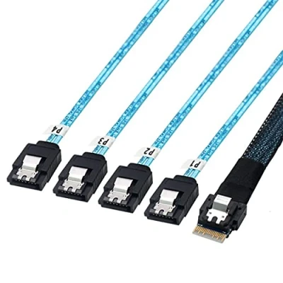 Abbildung von chenyang CY Slim Line SAS 4.0 SFF 8654 4i 38 Pin Host auf 4 SATA 7 Target Festplatte Fanout Raid Kabel 50cm
