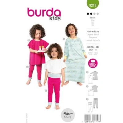 Abbildung von burda kids Schnittmuster #9218 Kinder Nachtwäsche Nachthemd &amp; Schlafanzug Nählevel 2 (leicht) Gr. 104 146