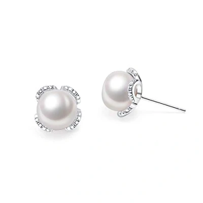 Abbildung von VIKI LYNN Vierblättriges Kleeblatt Perlen Ohrringe 925 Sterling Silber und 89 mm Süßwasser Zuchtperle Geschenk fuer Frauen Mädchen