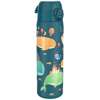 Abbildung von Ion8 Stahl Trinkflasche, 600 ml, Auslaufsicher, Einhandöffnung, Sichere Verriegelung, Spülmaschinenfest, Klappdeckel, Tragegriff, Leicht zu Reinigen, Langlebig, Wale Design