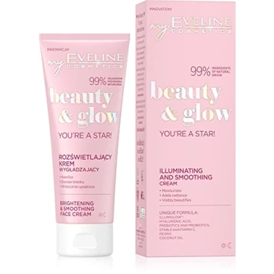 Abbildung von Eveline Cosmetics Beauty &amp; Glow Illuminierende und Glättende Creme mit ILLUMIGLOW Technologie Hyaluronsäure, Vitamin C, Camu Camu, Kokosöl für strahlende Haut 75ml