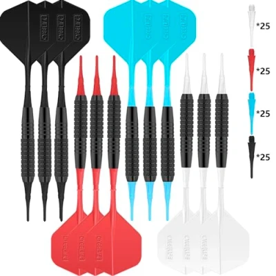 Abbildung von CyeeLife 18g Soft Dartpfeile. Neue sehr stabile und biegsame Kunststoffschäfte Flights aus einem Stück.12 Stück In 4 Farben mit 100 Spitzen