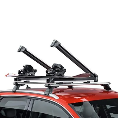 Abbildung von Audi 4M0071129 Skihalter Snowboardhalter Grundträger Dachgepäck T Nut Tragstäbe, für bis zu 4 Paar Ski oder 2 Snowboards, ohne Ausziehfunktion, Silber