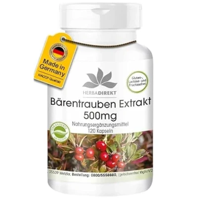 Abbildung von Bärentrauben Extrakt 500mg 120 Kapseln Uva Ursi standardisiert auf 20% Arbutin Hochdosiert Vegan HERBADIREKT by Warnke Vitalstoffe Deutsche Apothekenqualität