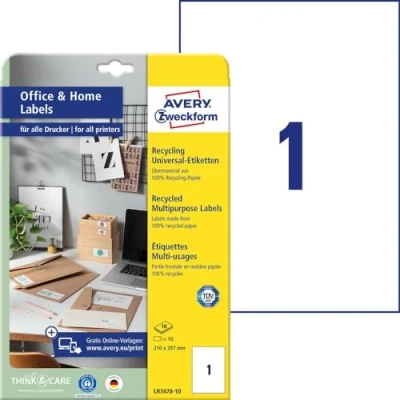 Abbildung von AVERY Zweckform LR3478 10 Recycling Etiketten (10 Adressaufkleber, 210x297mm auf A4, 100% recyceltes Altpapier, bedruckbare Versandetiketten, selbstklebende Klebeetiketten, DHL) Blatt, naturweiß