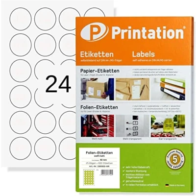 Abbildung von Printation Runde Folien Etiketten 40 mm 600 Aufkleber rund 40mm weiß selbstklebend 25 DIN A4 Bogen mit 24 pro Blatt Blätter Markierungspunkte wetterfest wasserfest