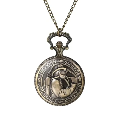 Abbildung von JewelryWe Taschenuhr Herren Feuerwehrmann Bronze: Vintage Analog Quarz Kettenuhr ST Florian Schutzpatron der Feuerwehrleute Feuerwehr Gedenk Uhr mit Halskette Kette Geschenk für Männer