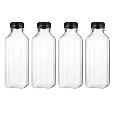 Abbildung von UKCOCO 4 Stücke PET Kunststoff Leere Vorratsbehälter Flaschen mit Deckel Caps Getränke Trinken Flasche Saft Glas (Schwarz Caps)