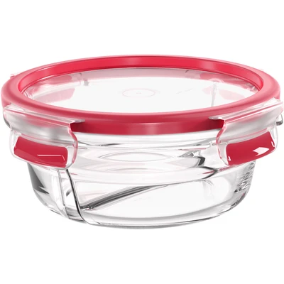 Abbildung von Emsa N10402 Clip &amp; Close Glas Frischhaltedose rund inkl. Abtrennung 0,55 L stapelbar gefrierfest backofenfest mikrowellenfest 100% dicht spülmaschinenfest Transparent/Rot