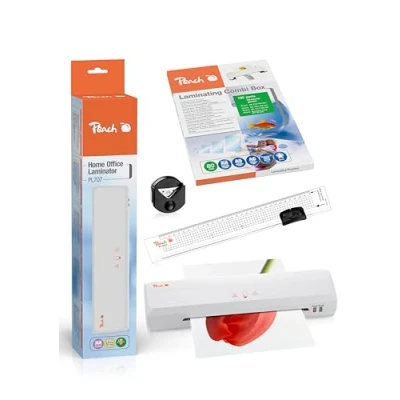 Abbildung von Peach 4 in 1 Laminierset inklusive Laminiergerät, Eckenrunder, Rollenschneider und Folien für Heim Büro geeignet alle handelsüblichen allen Größen bis max. A4, Weiß PBP300