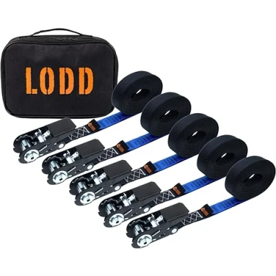 Abbildung von LODD Set von 5 hochwertigen 6m x 25mm Spanngurt mit Ratsche, Ratschenzurrgurten, Tragetasche. Beständigkeit 800kg. Entspricht der EN 12195 2. Ideale Befestigung für Wohnwagen, Anhänger