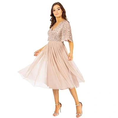 Abbildung von Maya Deluxe Damen Midi Abendkleid Cocktailkleid Abschlussball V ausschnitt Kurze Ärmel Tüllkleid Elegant Für Hochzeit Bridesmaid Dress, Gold, 40 EU