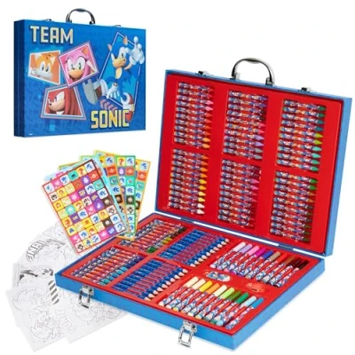 Abbildung von SONIC THE HEDGEHOG Kinder Malset Koffer, Bastel Sachen, Sticker, Wachsmalstifte &amp; Buntstifte Set Geschenke für