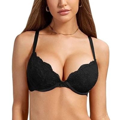 Abbildung von DOBREVA Damen Push Up BH Mit Spitze Gepolstert Plunge Bügel Vollschalen BHS Gemoldete Cups Schwarz 85C