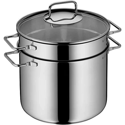 Abbildung von WMF Nudeltopf mit Sieb 24 cm Induktion, Kochtopf groß 7l, Spaghettitopf Glasdeckel, Cromargan Edelstahl poliert, Pastatopf