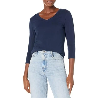 Abbildung von Amazon Essentials Damen T Shirt Mit V Ausschnitt Und 3/4 Ärmeln, Klassischer Schnitt (Erhältlich In Übergröße), Marineblau, XXL