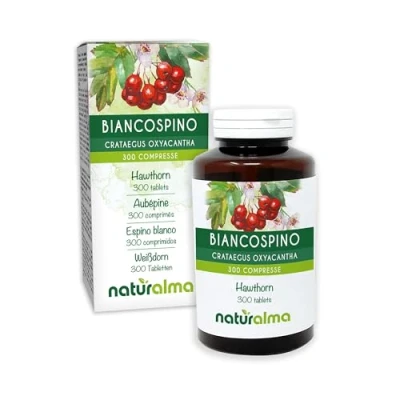 Abbildung von Weißdorn (Crataegus oxyacantha) Blüten und Blätter Naturalma 150 g 300 Tabletten Nahrungsergänzungsmittel Natürlich Vegan