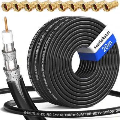 Abbildung von HB DIGITAL 20m Koaxialkabel HQ 135 Antennenkabel 135dB SAT Kabel 8K 4K UHD 4 Fach geschirmt für DVB S / S2 C C2 T T2 DAB+ Radio BK Anlagen + 10 F Stecker GRATIS