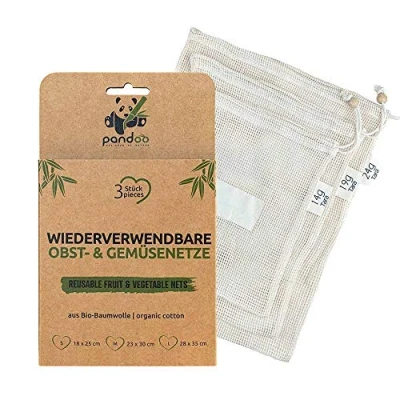 Abbildung von pandoo 3er Pack Obst und Gemüsenetze aus Bio Baumwolle 3 Einkaufs Netze Plastikfrei Unverpackt Einkaufen Wiederverwendbare Einkaufstaschen