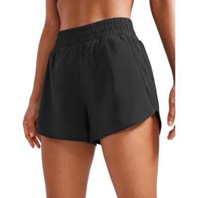 Abbildung von CRZ YOGA Damen Kurz Sporthose Laufhose High Waist Fitness Sport Shorts Kurze Hose mit Reißverschlusstasche Schwarz 42