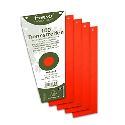 Abbildung von Exacompta 13565B 100er Pack Karton Trennstreifen. Trapezform orange. Für eine übersichtliche Anblage Ihrer Dokumente. Trennlaschen Trennblätter Ordner Register Blauer Engel