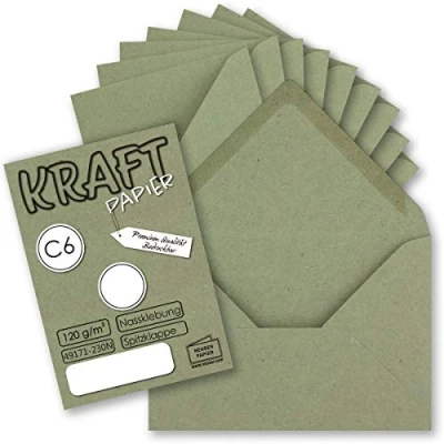 Abbildung von 75x Kraftpapier Umschläge DIN C6 Grün 11,4 x 16,2 cm ohne Fenster Vintage Briefumschläge mit Nassklebung Spitzklappe NEUSER PAPIER