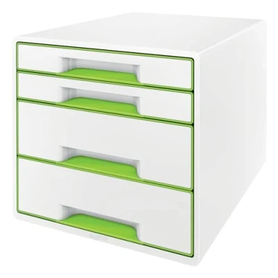 Abbildung von Leitz CUBE Schubladenbox mit 4 Schubladen, Weiß/Grün, A4, Inkl. transparentem Schubladeneinsatz, WOW, 52132054