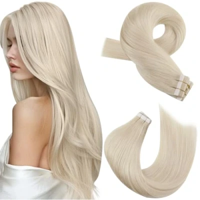 Abbildung von Moresoo Tape in Extensions Platinblond Echthaar Haarverlängerung mit Unsichtbaren Band Skin Weft Extenions Blond Dick Haare 50 Gramm 20 Stück 40 cm #60