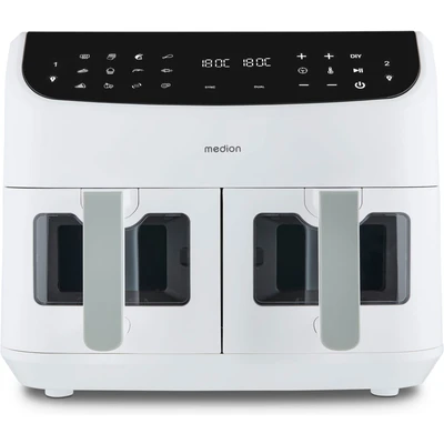 Abbildung von MEDION P20 XXL Heißluftfritteuse mit 2 Kammern (MD11760) (8,7 Liter, Airfryer, 2.600W, Doppelkammer, 10 Automatikprogramme, Schubladen, Sichtfenster, Dualer Airfryer