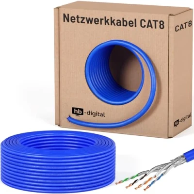 Abbildung von HB DIGITAL 50m Cat 8.1 Netzwerkkabel Verlegekabel Installationskabel Datenkabel Ethernet LAN Kabel Cat.8 bis zu 40 Gbit/s Kupfer S/FTP 2000 MHz PIMF LSZH Cat8 Halogenfrei RoHS Compliant AWG 22/1 blau