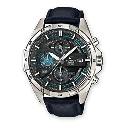 Abbildung von Casio Edifice Herren Massives Edelstahlgehäuse und Lederarmband Uhrenarmband EFR 556L 1AVUEF, Blau schwarz