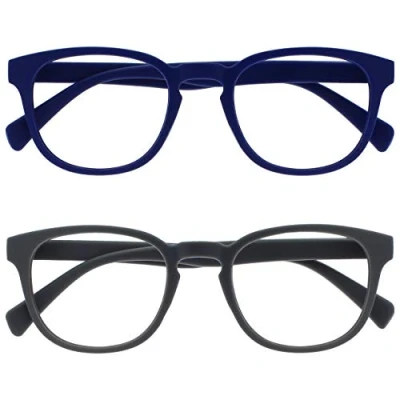 Abbildung von OPULIZE Pop Lesebrille 2er Pack Keck Rund Matt Rahmen Federscharniere Kratzfest Blau Grau Herren Damen RR2 37 +1.00