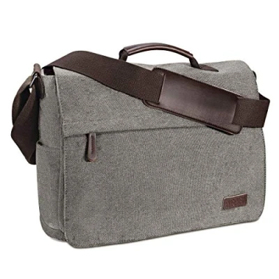 Abbildung von Ruschen Umhängetasche Herren aus Canvas, Hochwertige Herrentasche, Laptoptasche für 15,6 Zoll Laptop, Schultertasche/Kuriertasche/Messenger Bag, Grau