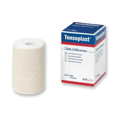 Abbildung von BSN Tensoplast Elastische Klebebinde, Weiche Kanten und poröses Klebematerial, Gelbe Mittellinie, Größe 4,5 m x 7,5 cm, 1 Stück