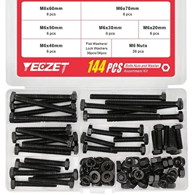 Abbildung von YEEZET Schrauben M6 144 Pcs Sechskantschrauben Unterlegscheiben Federringe und Muttern Sortiment Kit (8.8 Kohlenstoffstahl)